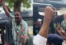 Congress rally in Rajkot demanding justice for TRP fire victims, with heavy police presence and public protest.