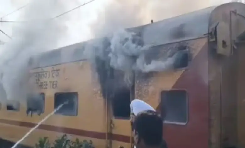 A sudden fire broke out in the Daund-Pune DEMU train on Monday morning, triggering panic among passengers and leading to a dramatic rescue of a passenger trapped inside a toilet.