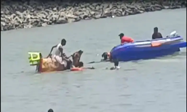 Rescue teams and locals at Dwarka’s Gomtighat after pilgrims from Jamnagar drown in Gomti River due to strong currents.