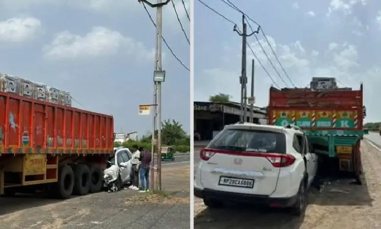 Accident site on Ahmedabad-Indore highway showing crashed car and truck near Kanbha after fatal collision involving biker.