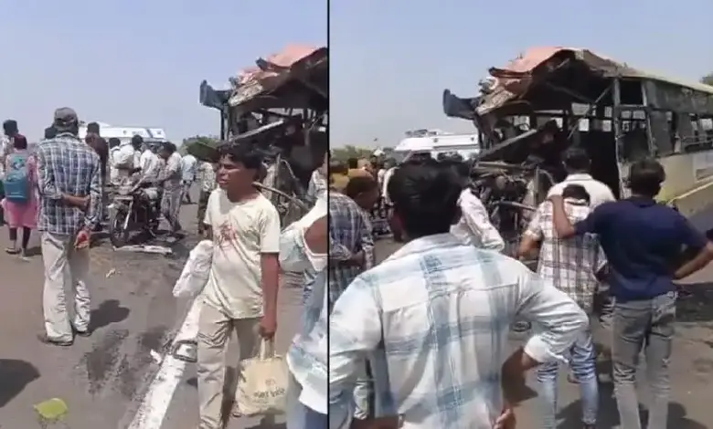 Damaged ST bus after Kapadvanj-Modasa highway accident involving truck and dumper, highlighting road safety risks.