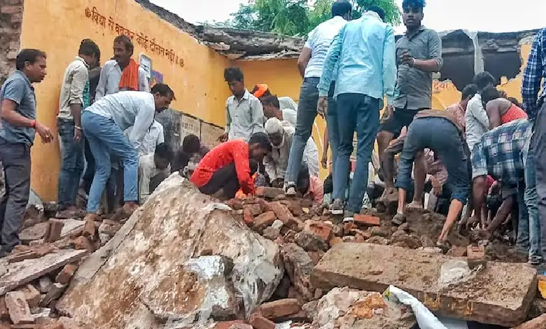 The teachers at the primary school building that collapsed on Friday morning in Rajasthan’s Jhalawar.
