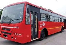 Scene near Thakkarnagar crossroad in Ahmedabad where AMTS bus fatally hit elderly woman while she was crossing the road.