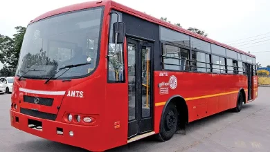 Scene near Thakkarnagar crossroad in Ahmedabad where AMTS bus fatally hit elderly woman while she was crossing the road.