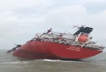 Coast Guard at blast-hit chemical ship near Kandla Port during rescue of 21 crew members after onboard explosion.