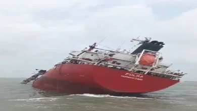 Coast Guard at blast-hit chemical ship near Kandla Port during rescue of 21 crew members after onboard explosion.