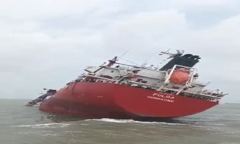Coast Guard at blast-hit chemical ship near Kandla Port during rescue of 21 crew members after onboard explosion.