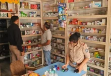 Police and health officials inspect medical stores in Gujarat during anti-narcotics raids targeting illegal drug sales.