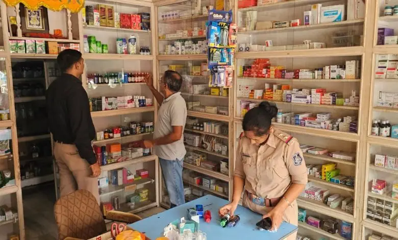 Police and health officials inspect medical stores in Gujarat during anti-narcotics raids targeting illegal drug sales.
