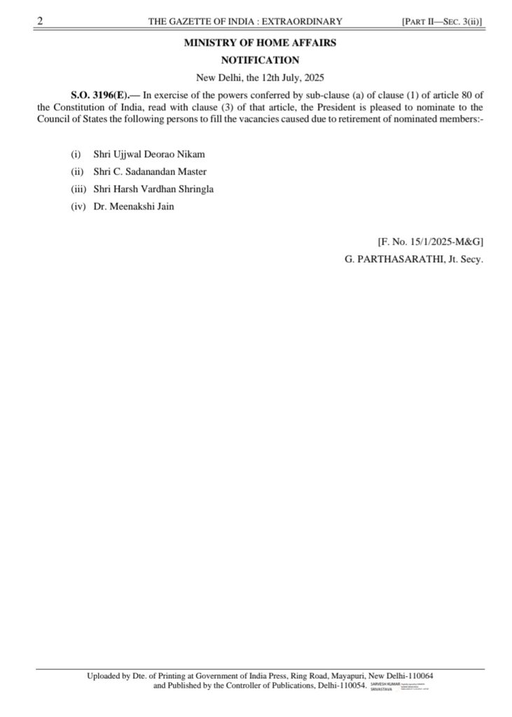 nominated to Rajya Sabha