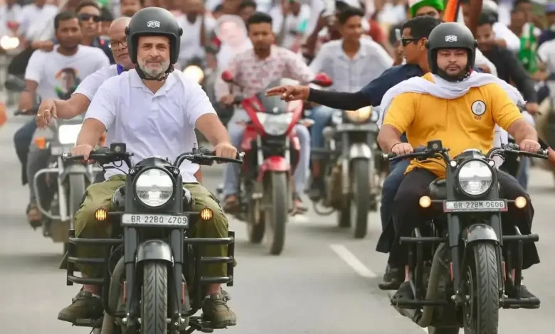 Congress leader Rahul Gandhi and RJD leader Tejashwi Yadav rode a bullet bike during their Bihar Yatra on Sunday.