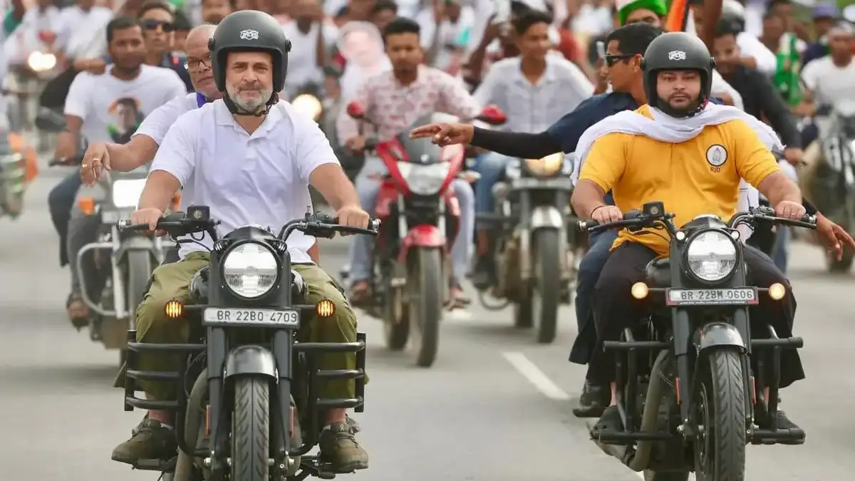 Congress leader Rahul Gandhi and RJD leader Tejashwi Yadav rode a bullet bike during their Bihar Yatra on Sunday.