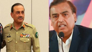 A split image showing Pakistan's Army Chief Asim Munir and the Mukesh Ambani Reliance Industries Jamnagar oil refinery in Gujarat.