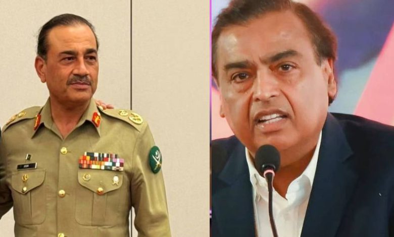 A split image showing Pakistan's Army Chief Asim Munir and the Mukesh Ambani Reliance Industries Jamnagar oil refinery in Gujarat.