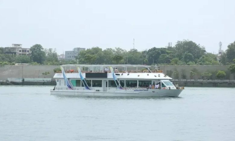 Sabarmati Riverfront cruise in Ahmedabad decorated for Janmashtami celebrations with festive lights and seating.