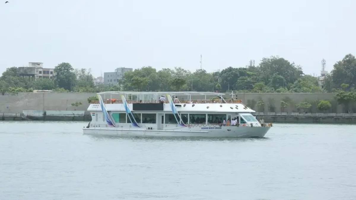 Sabarmati Riverfront cruise in Ahmedabad decorated for Janmashtami celebrations with festive lights and seating.