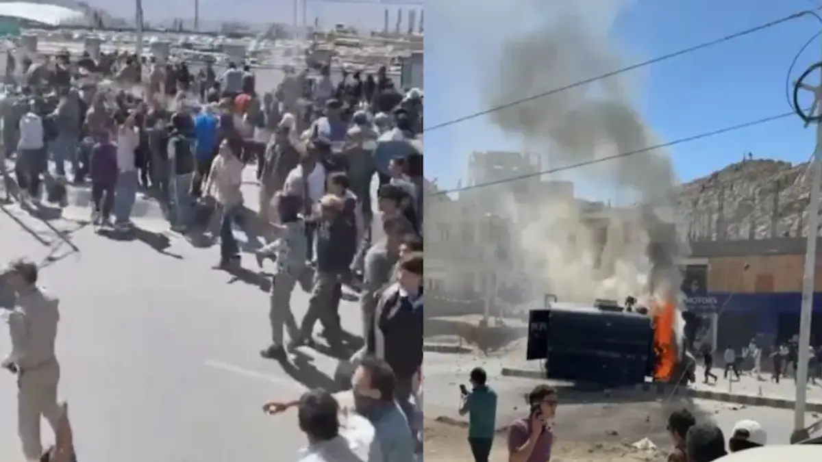 Angry protesters clashed with the police in Leh city of Ladakh this morning, pelting stones at officials and even burning down a police vehicle.