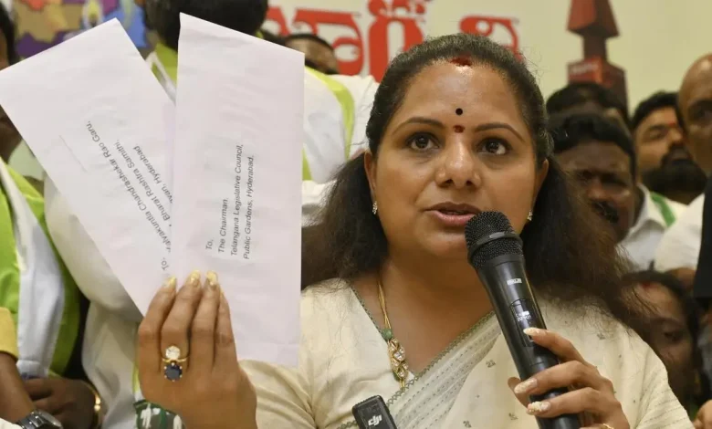 Telangana Jagruthi President K Kavitha on Wednesday handed over her resignation as MLC to the Speaker, a day after she was suspended from the party by her father and BRS chief K Chandrashekar Rao.