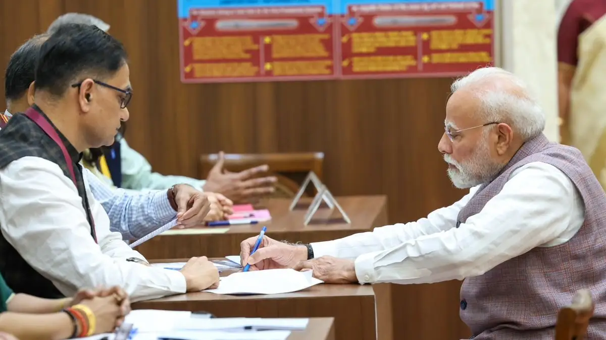Prime Minister Narendra Modi on Tuesday cast the first vote in the vice-presidential elections, which are underway in the Parliament House.