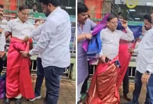 Thane: BJP workers drape Congress leader 'Mama' Pagare in saree after he shares morphed video of PM Modi; clip goes viral