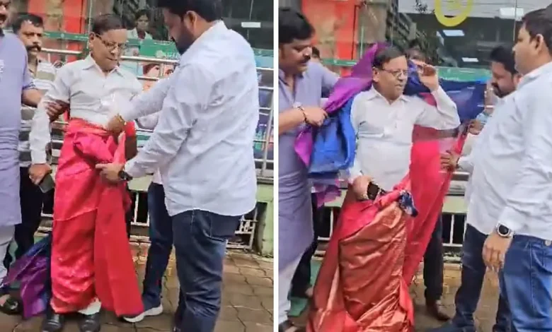Thane: BJP workers drape Congress leader 'Mama' Pagare in saree after he shares morphed video of PM Modi; clip goes viral