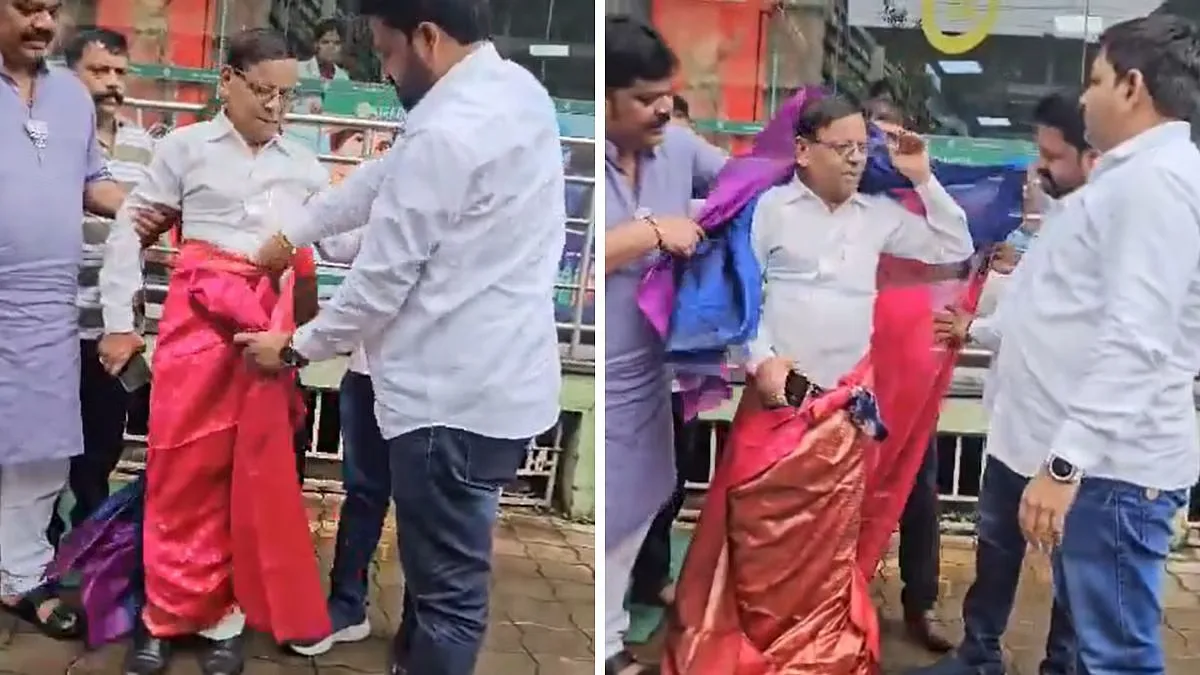 Thane: BJP workers drape Congress leader 'Mama' Pagare in saree after he shares morphed video of PM Modi; clip goes viral