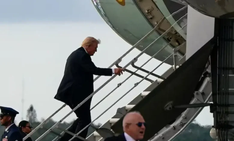 US President Donald Trump boarded Air Force One with a smaller set of stairs on Sunday amid increased security measures at Palm Beach International Airport.