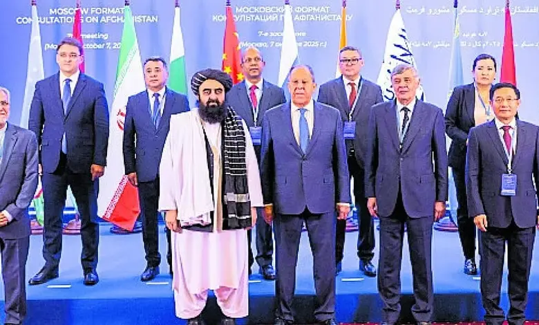 Participants of the ‘Moscow Format’ talks, including Russia’s Foreign Minister Sergei Lavrov and Afghanistan’s Amir Khan Muttaqi, in Moscow, on Tuesday. Read more at: https://www.deccanherald.com/india/india-joins-russia-china-pakistan-others-in-opposing-us-bid-to-regain-control-of-bagram-air-base-in-afghanistan