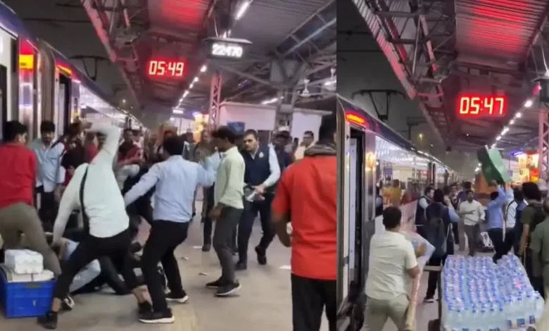 IRCTC Staff Clash on Vande Bharat Platform in Delhi; Viral Video Shows Fight Using Dustbin, Belts, and Punches | WATCH