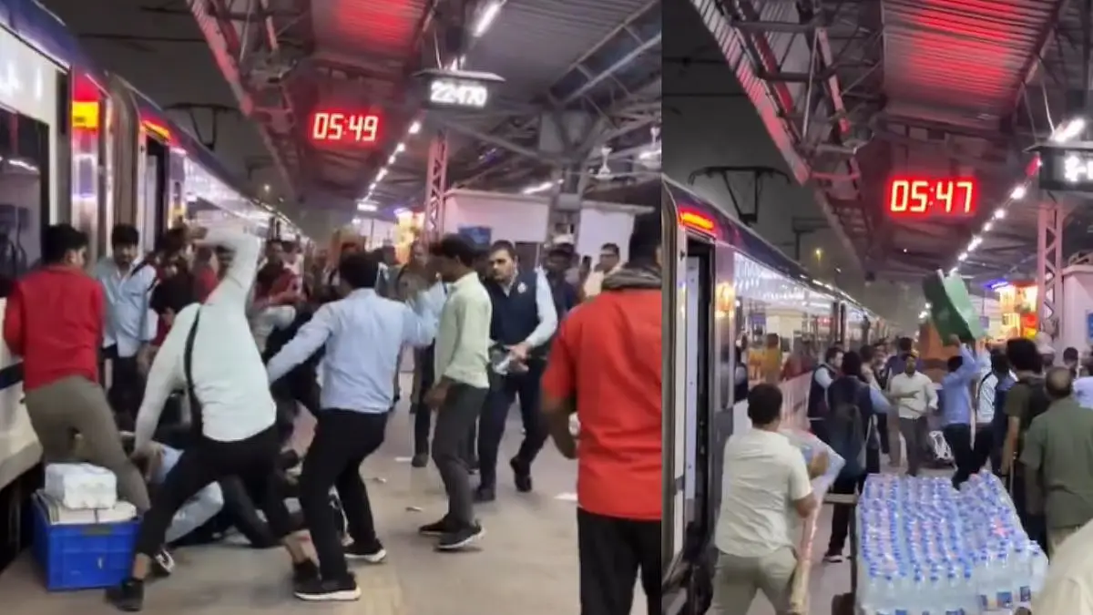 IRCTC Staff Clash on Vande Bharat Platform in Delhi; Viral Video Shows Fight Using Dustbin, Belts, and Punches | WATCH