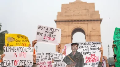 A protest over Delhi's toxic air crisis at the India Gate sparked controversy after demonstrators displayed posters of top Maoist commander Madvi Hidma.