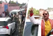 Some unidentified men threw stones, cow dung and slippers at Deputy Chief Minister Vijay Kumar Sinha's convoy in Bihar's Lakhisarai district on polling day.