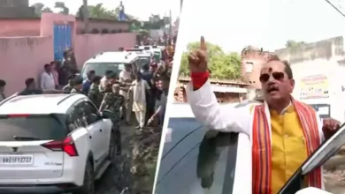 Some unidentified men threw stones, cow dung and slippers at Deputy Chief Minister Vijay Kumar Sinha's convoy in Bihar's Lakhisarai district on polling day.