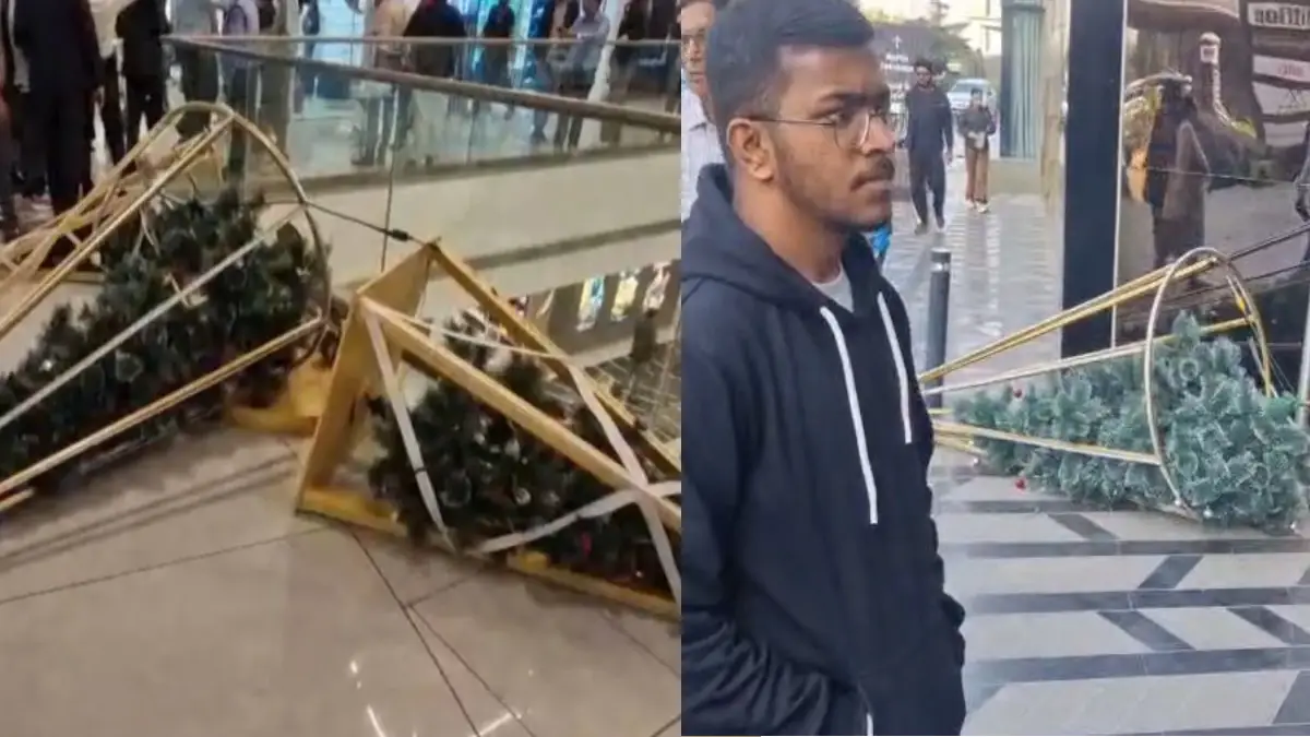 Ahmedabad's Palladium Mall Sees Christmas Decor Vandalism: Bhagwa Sena Workers Topple Tree, Several Detained By Police