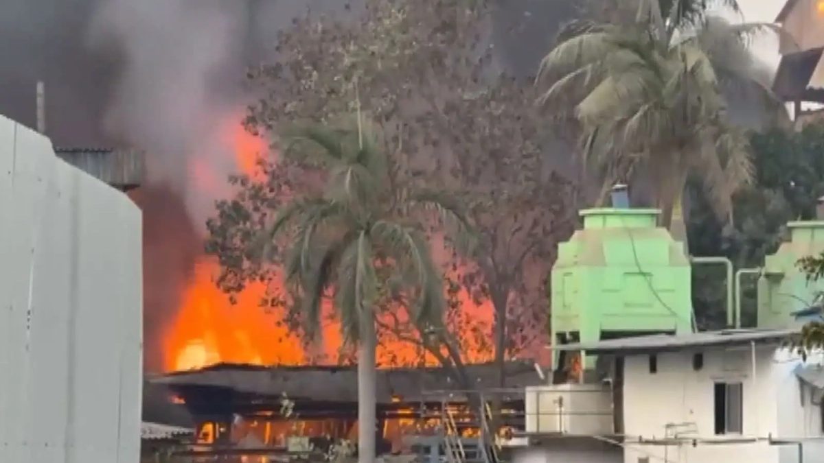 Navi Mumbai Fire: Massive Blaze Erupts at Chemical Unit in Mahape MIDC, Thick Smoke Engulfs Area