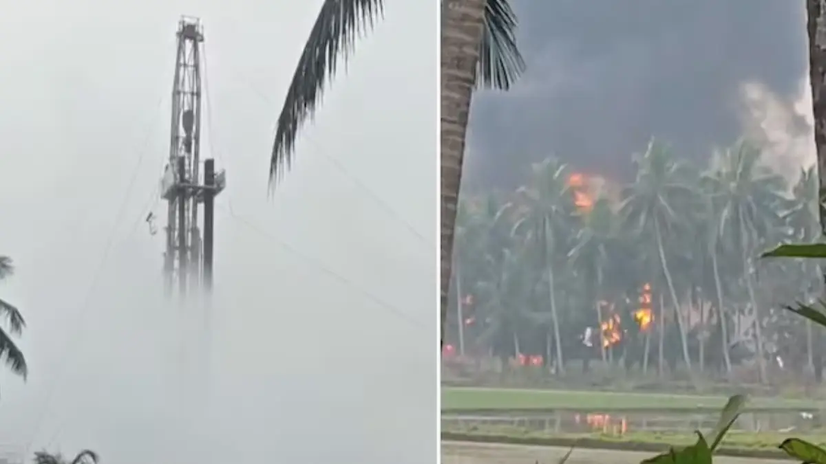 Panic gripped Ambedkar Konaseema district of Andhra Pradesh after a gas leak at an oil well operated by Oil and Natural Gas Corporation’s (ONGC) production contractor caught fire on Monday.