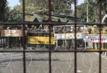 Police keep vigil during a demonstration demanding revocation of the MBBS admission list of the Shri Mata Vaishno Devi Institute of Medical Excellence in Reasi on Tuesday. 