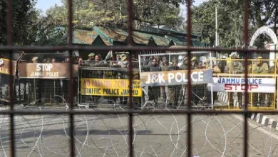 Police keep vigil during a demonstration demanding revocation of the MBBS admission list of the Shri Mata Vaishno Devi Institute of Medical Excellence in Reasi on Tuesday. 