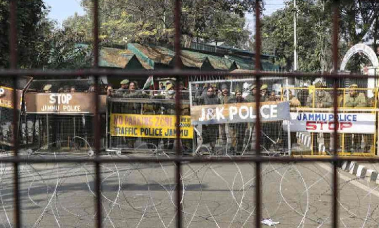 Police keep vigil during a demonstration demanding revocation of the MBBS admission list of the Shri Mata Vaishno Devi Institute of Medical Excellence in Reasi on Tuesday. 