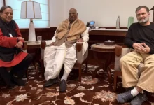 Congress MP Shashi Tharoor on Thursday met Leader of the Opposition Rahul Gandhi and party president Mallikarjun Kharge in Parliament.