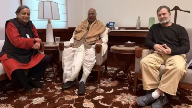 Congress MP Shashi Tharoor on Thursday met Leader of the Opposition Rahul Gandhi and party president Mallikarjun Kharge in Parliament.