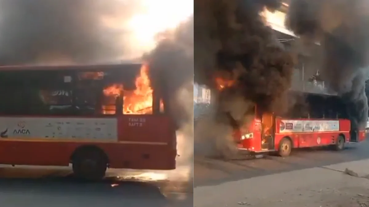 AMTS Bus Catches Fire Near S.G. Highway Sola Civil Hospital in Ahmedabad, No Casualties Reported