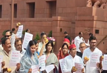 Samajwadi Party MPs Stage Potato Protest Outside Parliament Over Farmers’ Prices