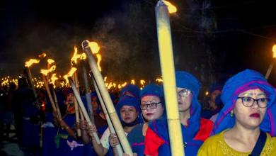 Women take out a Meira rally to press for their demands in Manipur's Imphal East district on April 19, 2026. (PTI photo)