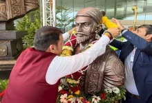 Fadnavis Garlands Maharaj Shivaji's Statue At The Freshly Opened Navi Mumbai Int' Airport