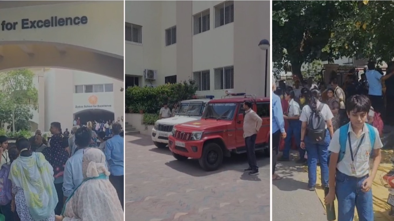 "Police and bomb squad teams at an Ahmedabad school following a bomb threat email"