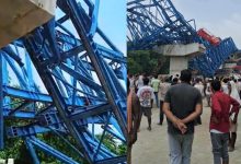 Collapsed section of under-construction bridge in Jalalpur, Vaishali district, Bihar