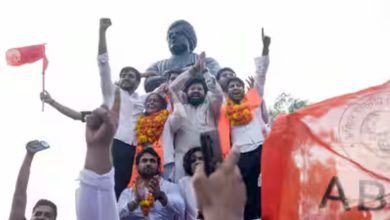 Students celebrate DUSU election 2026 results at Delhi University North Campus