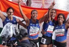India women's 4x400m relay team celebrating gold at the Asian Games 2026 in Aichi-Nagoya