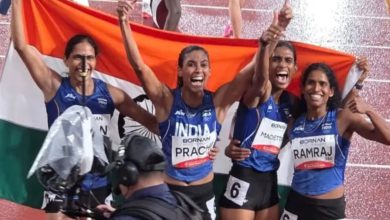 India women's 4x400m relay team celebrating gold at the Asian Games 2026 in Aichi-Nagoya
